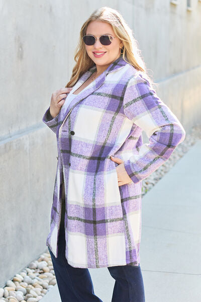 Side View, Plus Size, Double Take, Plaid Button Up Lapel Collar Coat In Violet