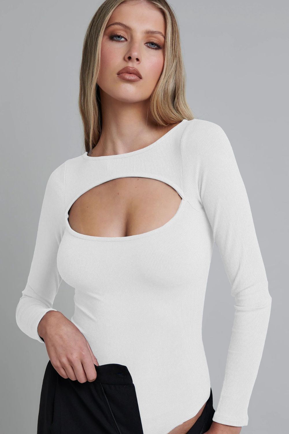 Cutout Ribbed Long Sleeve Bodysuit In White
