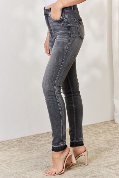 Side view, Judy Blue, High Waist Tummy Control Grey Wash Release Hem Skinny Jeans Style 88792