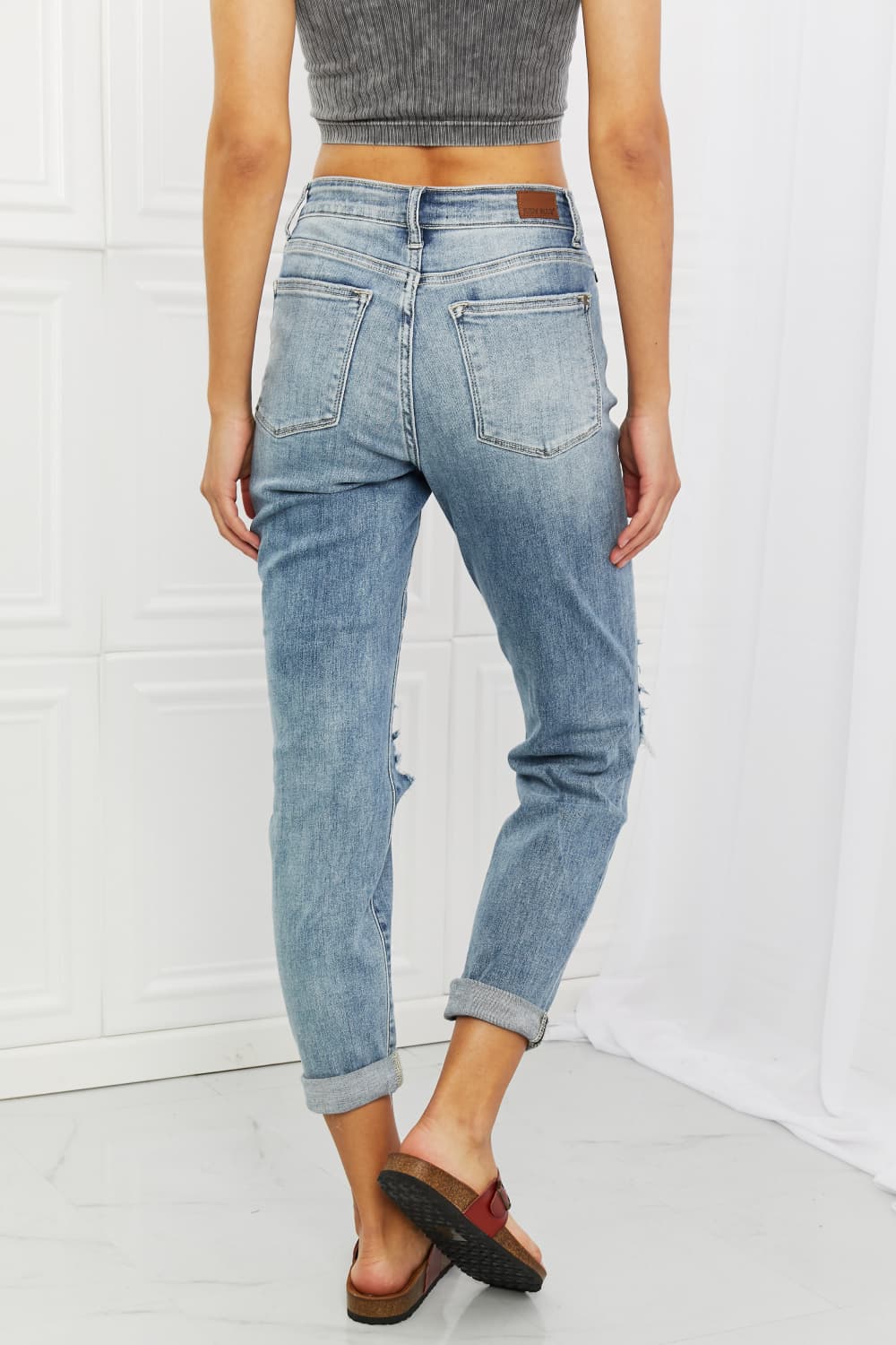 Back View, Judy Blue, Mid-Rise Ripped Double Cuff Boyfriend Jeans, 82458