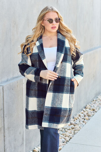Plus Size, Double Take, Plaid Button Up Lapel Collar Coat In Peacock Blue