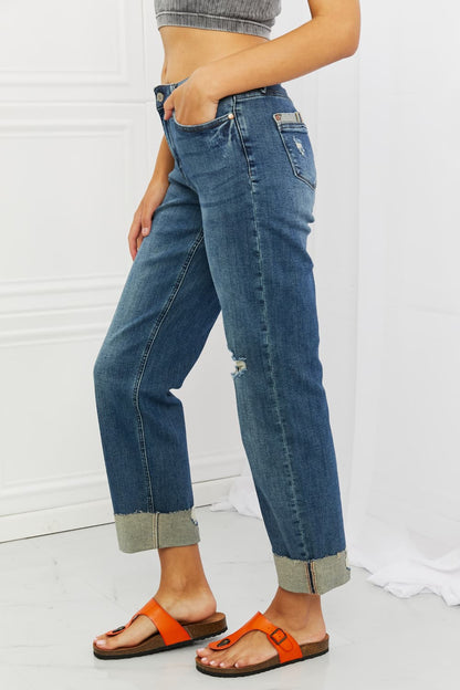 Side View, Judy Blue, Mid-Rise Destroyed Single Cuff Dad Straight Leg Pants