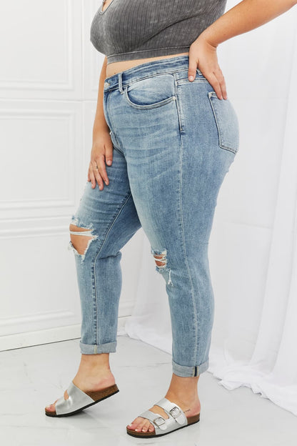 Side View, Plus Size, Judy Blue, Mid-Rise Ripped Double Cuff Boyfriend Jeans, 82458