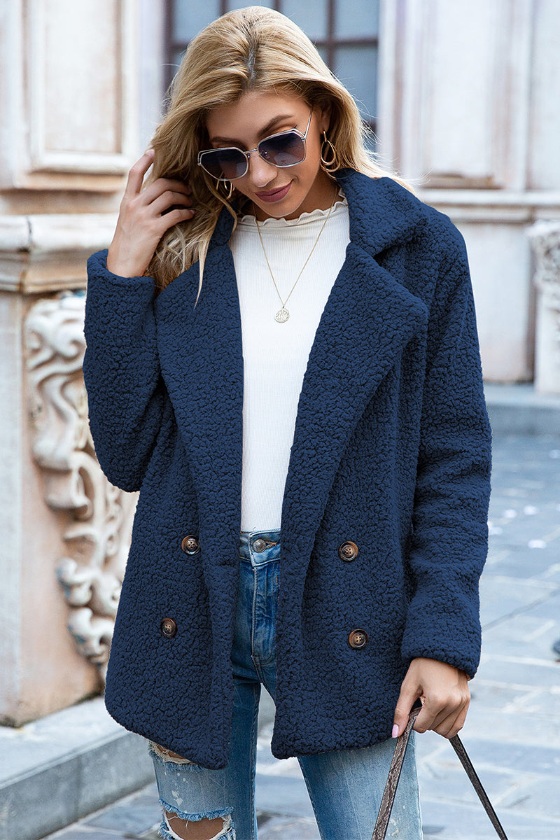 Lapel Collar Sherpa Coat In Dark Navy