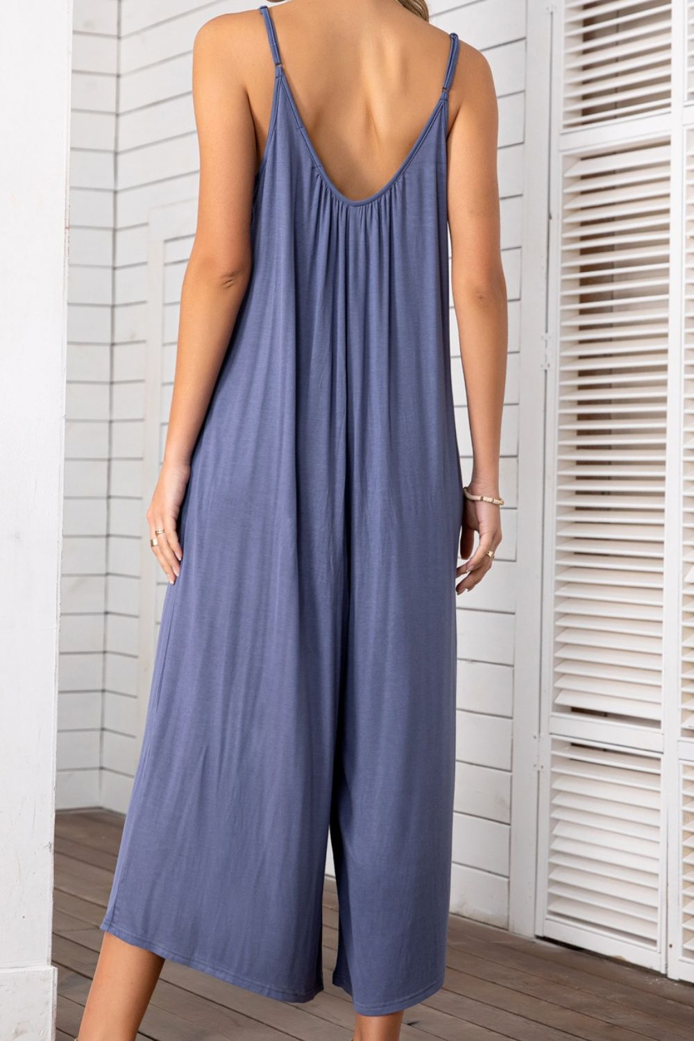 Back View, Spaghetti Strap Scoop Neck Jumpsuit In Periwinkle
