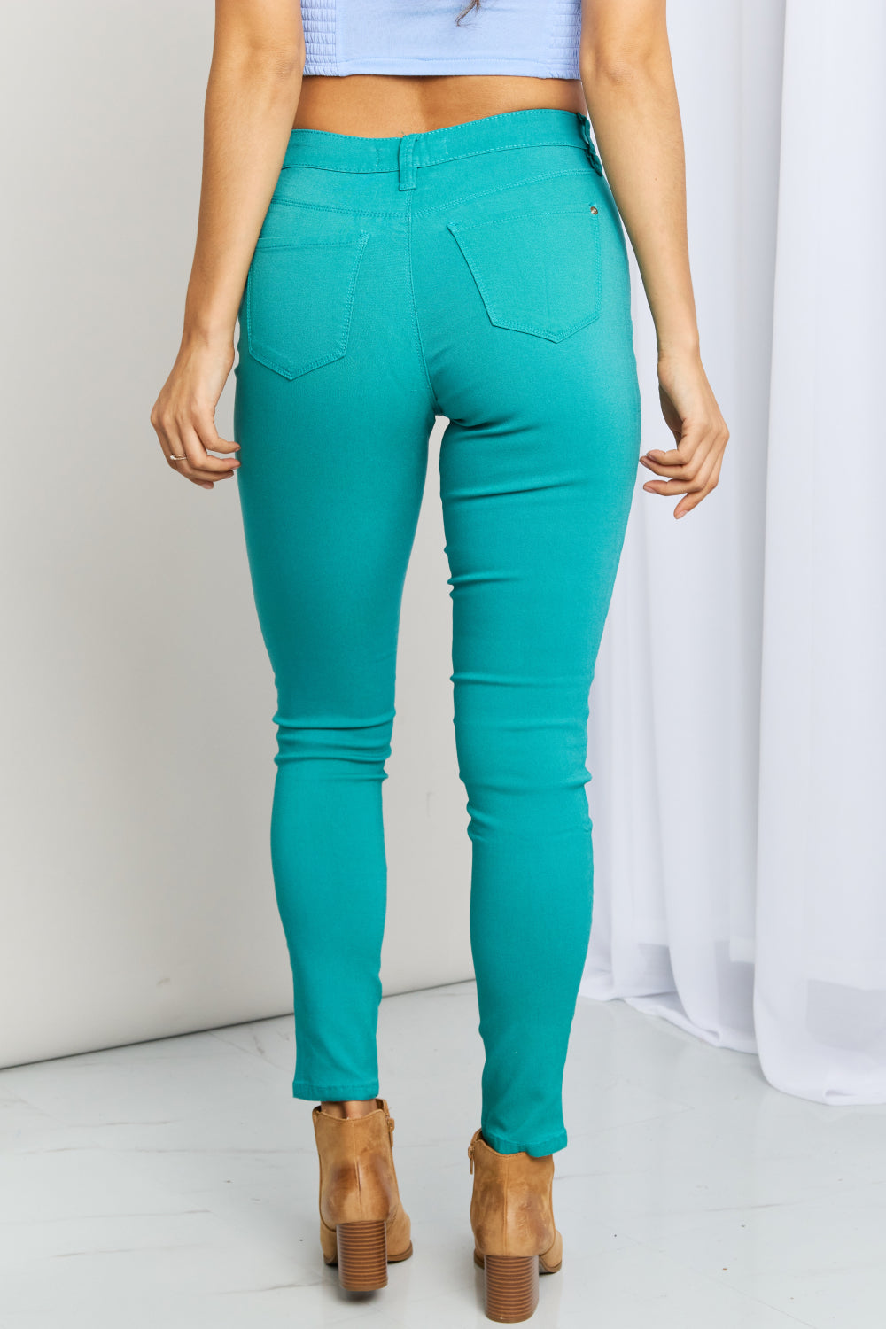 Back View, YMI Jeanswear, Kate Hyper-Stretch Full Size Mid-Rise Skinny Jeans in Sea Green