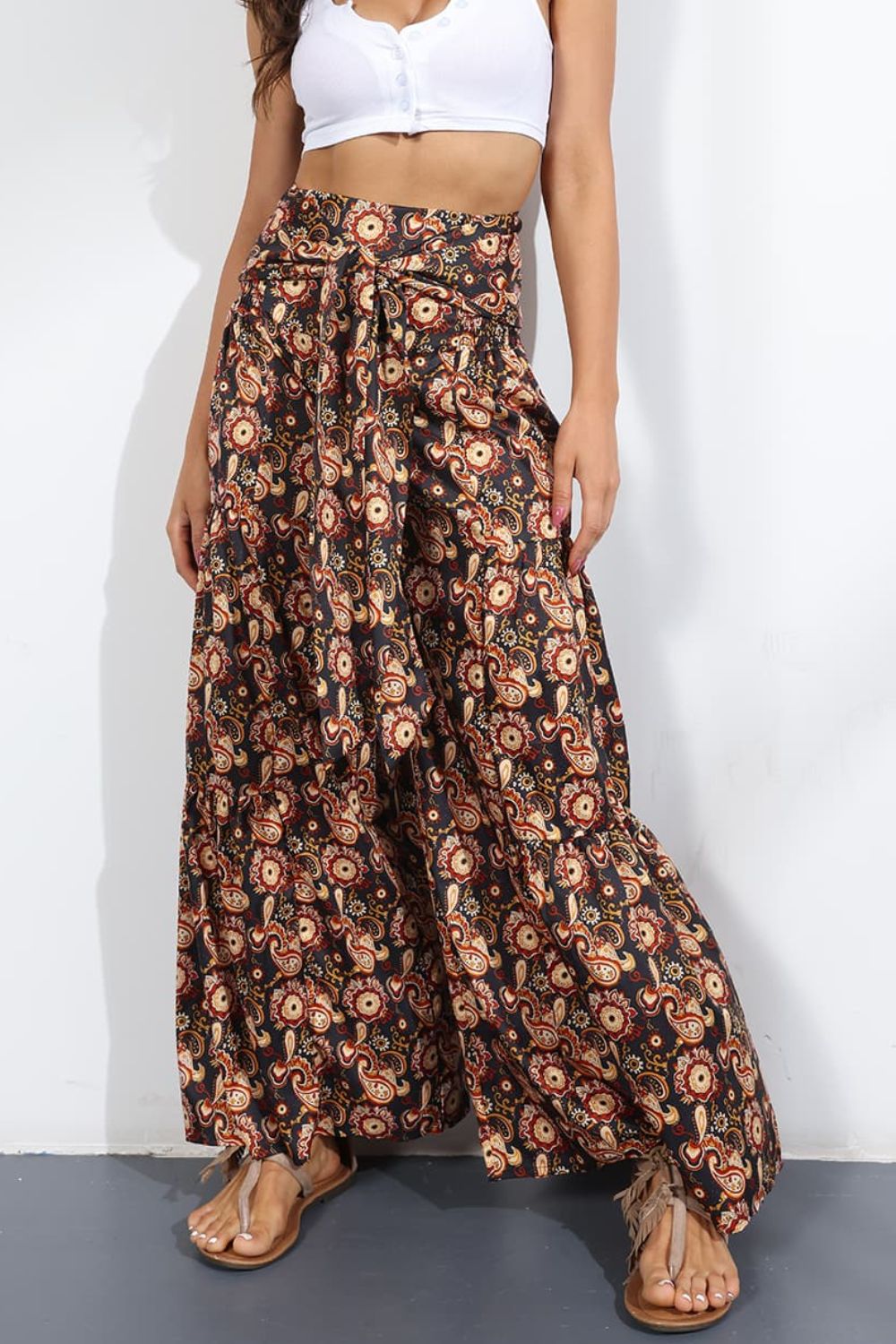 Printed High-Rise Tied Culottes In Black