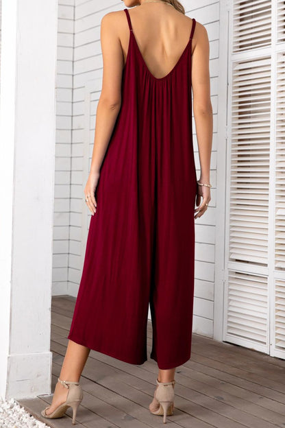 Back View, Spaghetti Strap Scoop Neck Jumpsuit In Deep Red