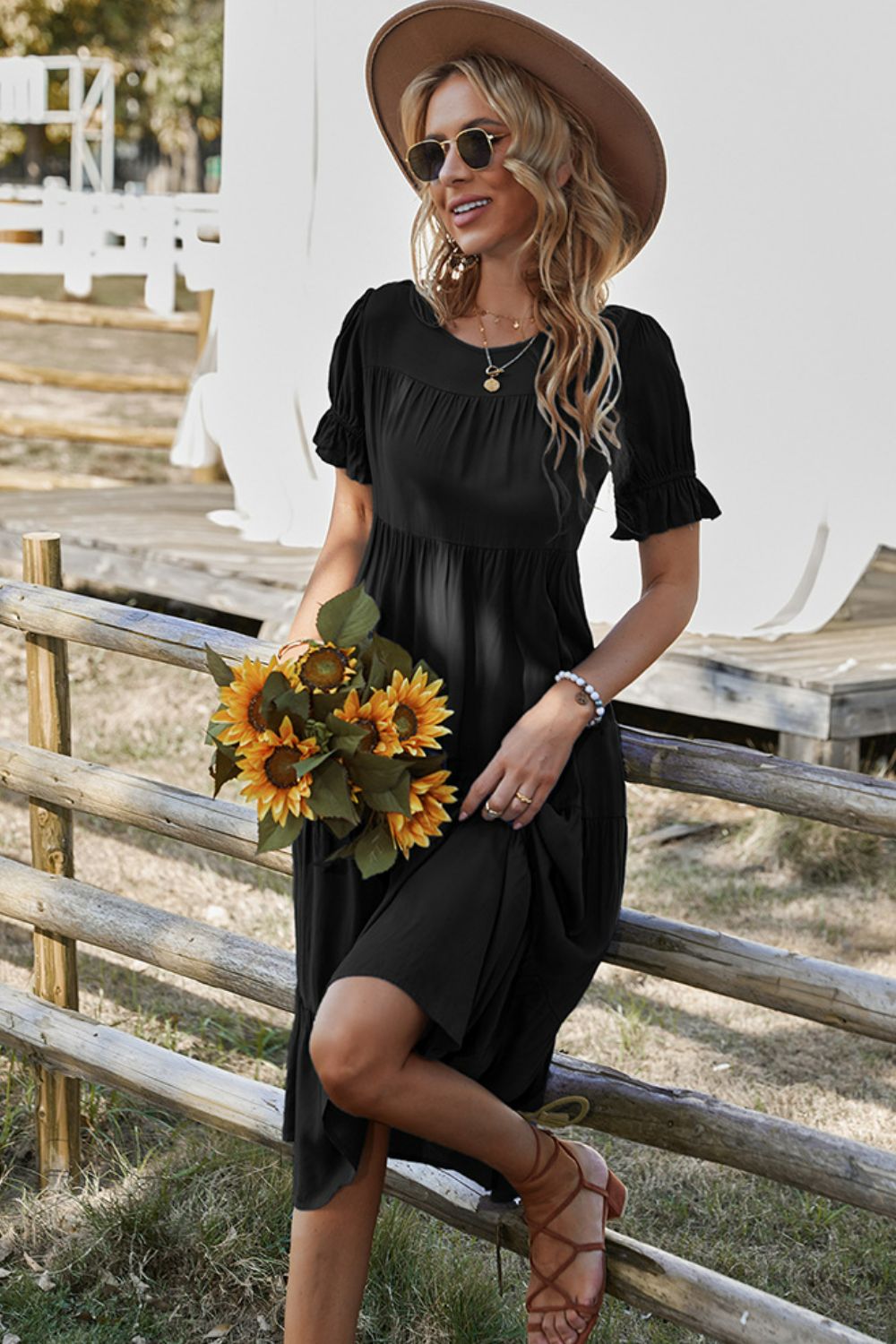 Short Flounce Sleeve Tiered Midi Dress In Black