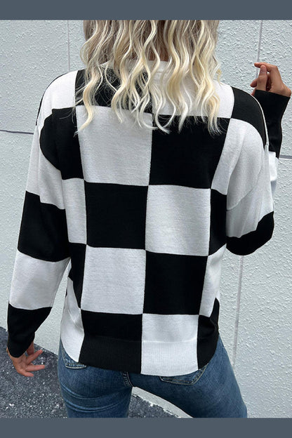 Back View, Checkered Dropped Shoulder Knit Pullover