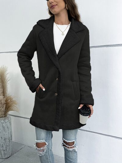 Contrast Button Up Lapel Collar Long Sleeve Coat In Black