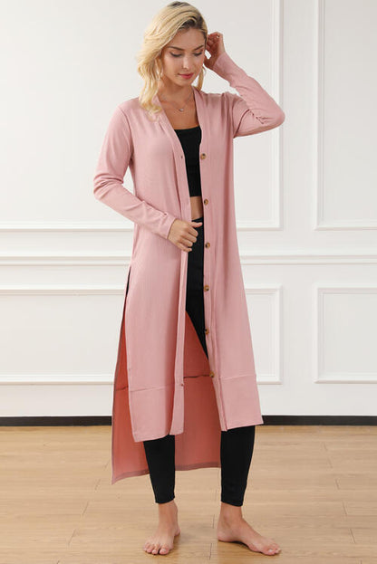 Button Up High-Low Long Sleeve Slit Cardigan In Blush Pink