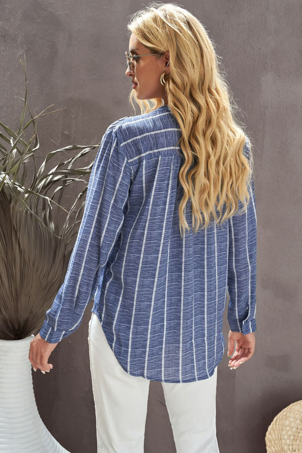 Back View, Striped V-Neck High-Low Shirt with Breast Pocket In Steel