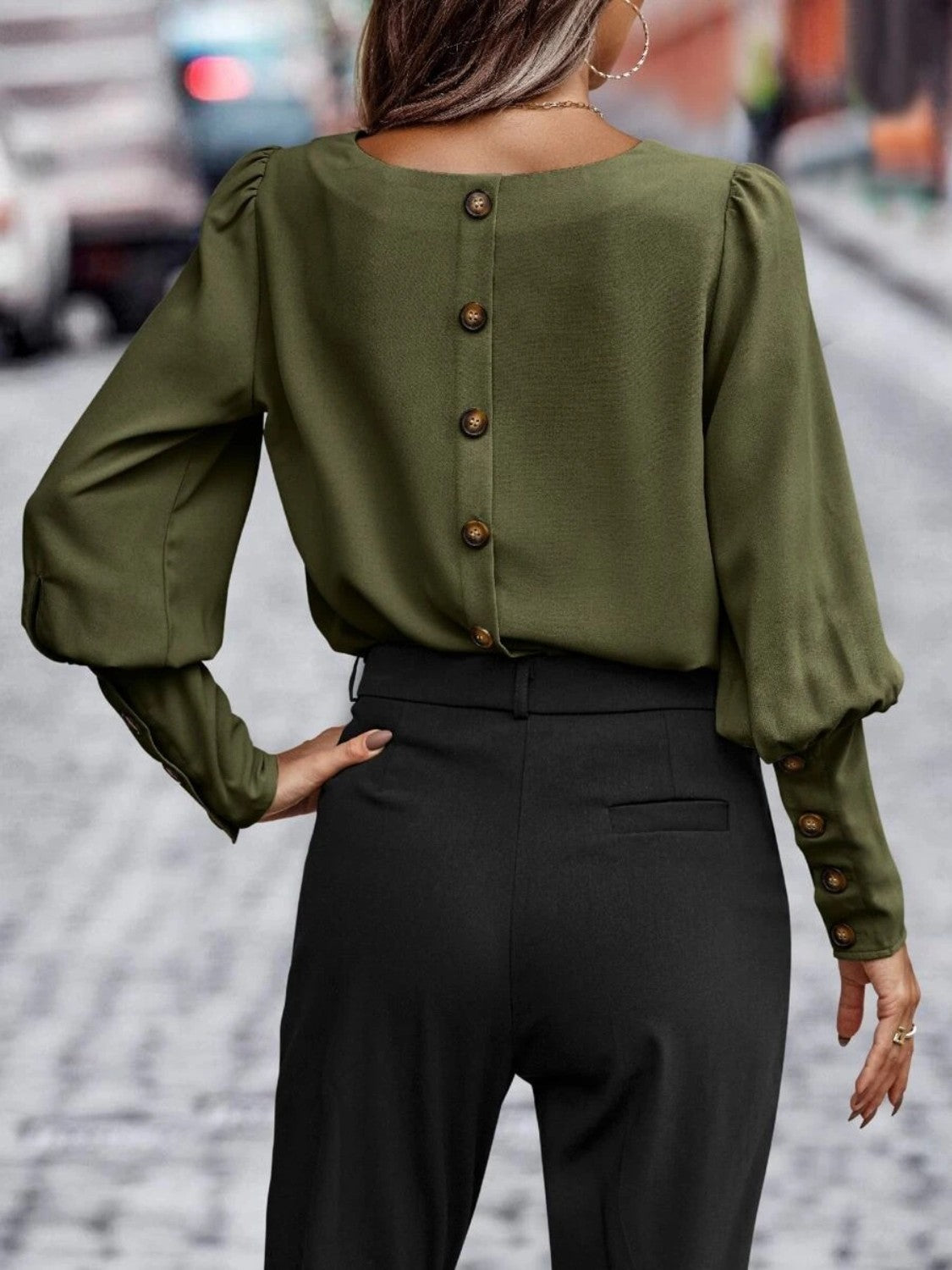 Back View, Round Neck Lantern Sleeve Blouse In Black Forest