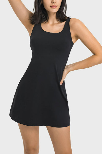 Square Neck Sports Tank Dress with Full Coverage Bottoms In Black