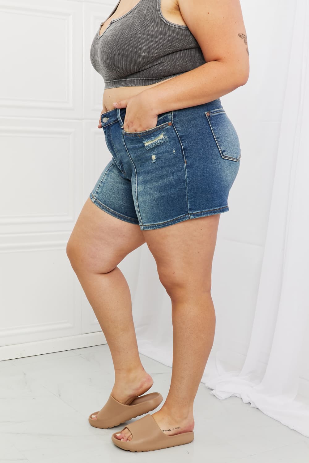Side View, Plus Size, Judy Blue High Waist Seaming Detailed Shorts Style 150211