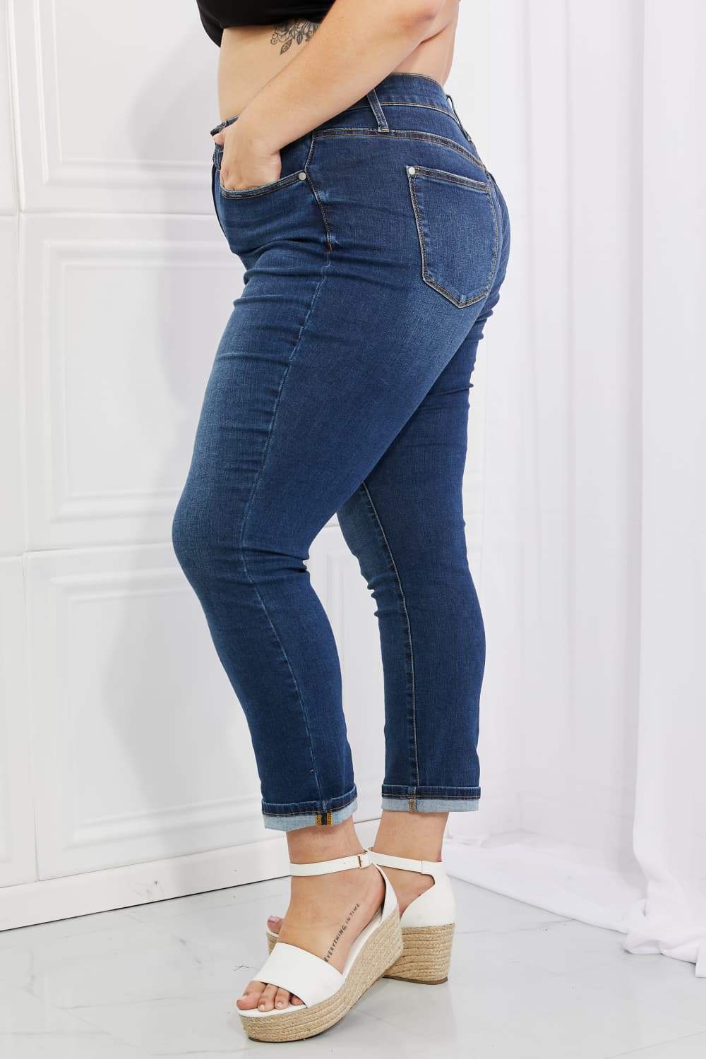Side View, Plus Size, Judy Blue, High-Rise Sustainable Cool Denim Cuffed Boyfriend Jeans Style 88608