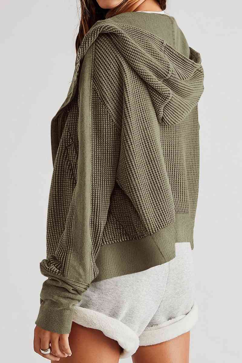Back View, Waffle-Knit Long Sleeve Hooded Jacket In Moss