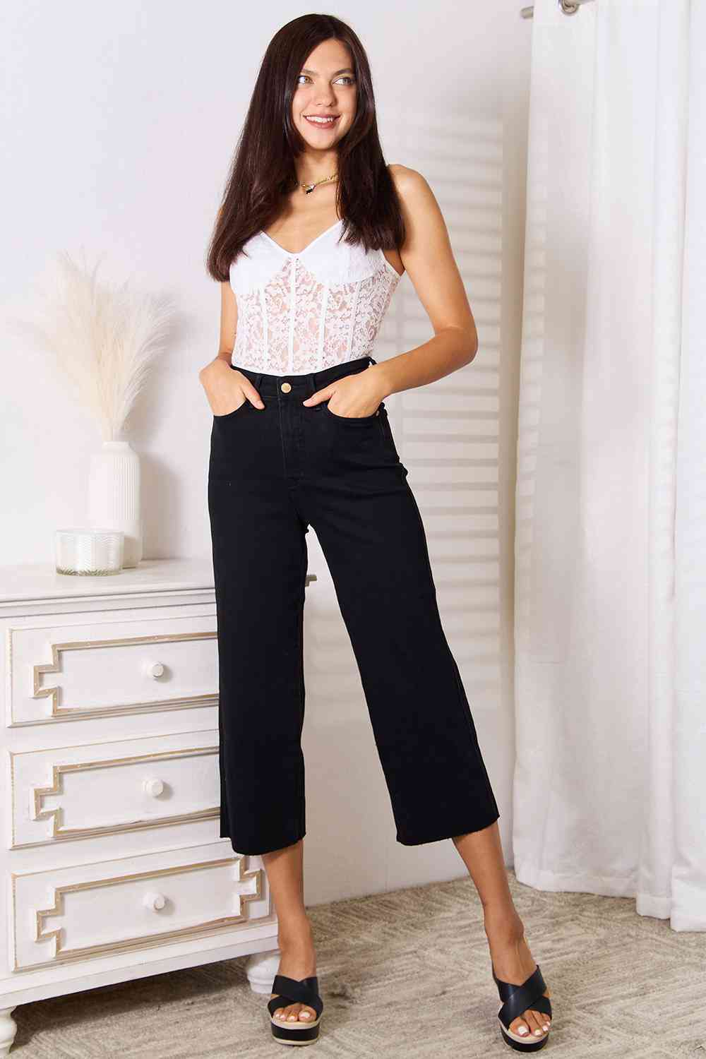 Judy Blue, High Waist Wide Leg Black Stretchy Cropped Jeans Style 88710