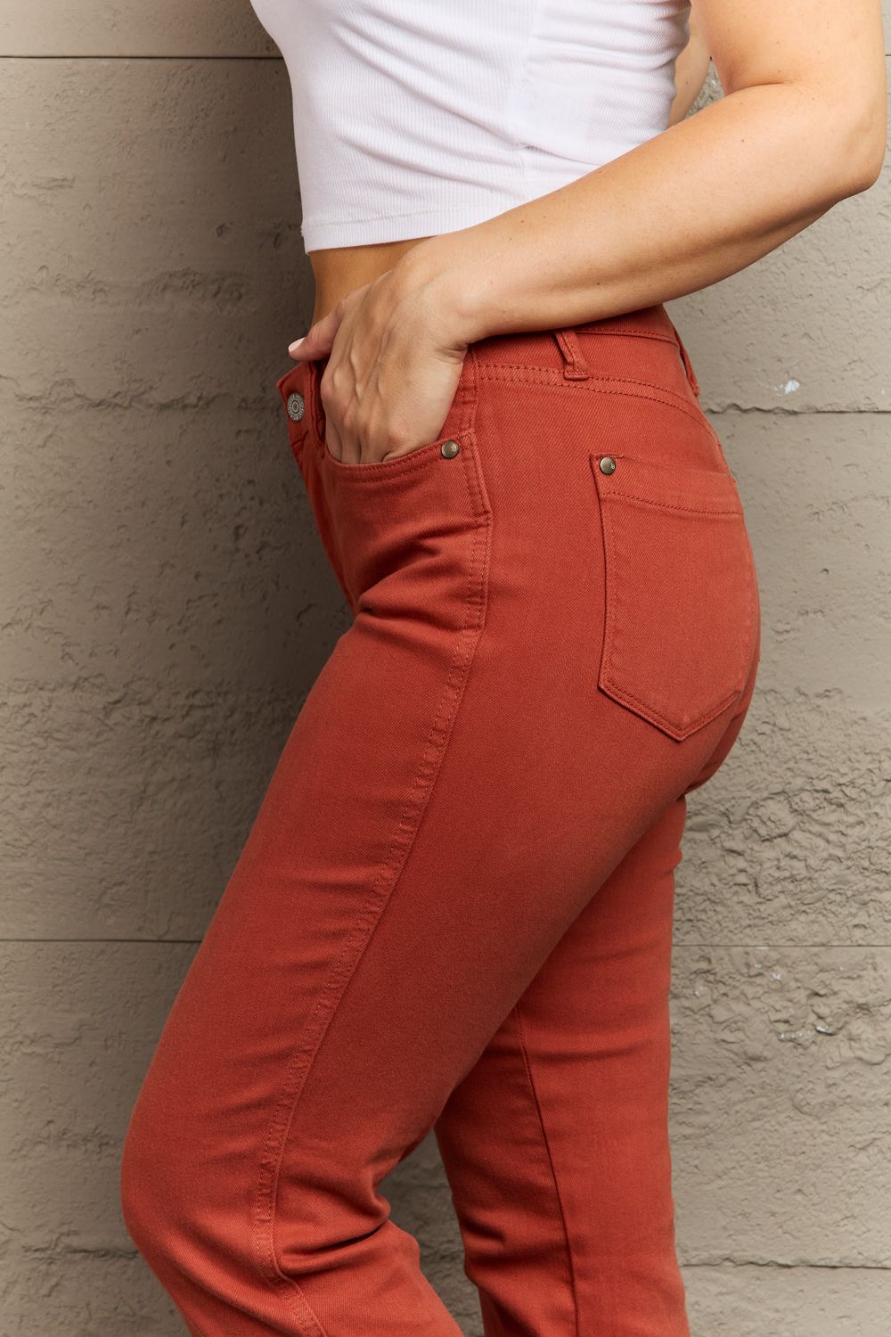 Close-Up, Judy Blue Mid Rise Slim Bootcut Terracotta Denim Jeans Style 88761
