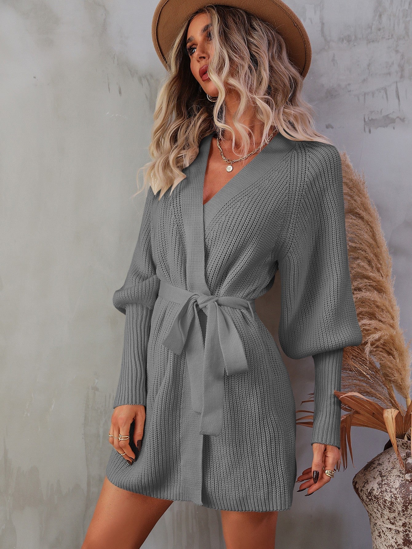 Side View, Belted Surplice Lantern Sleeve Wrap Sweater Dress In Gray