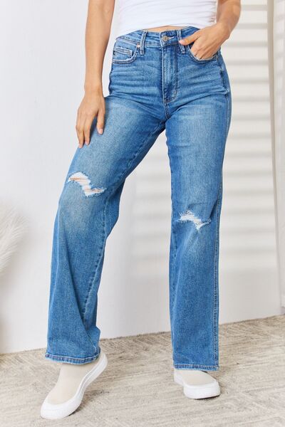 Judy Blue, High Waist Tummy Control Distressed Straight Jeans Style 88785