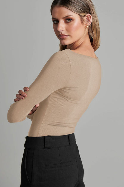 Side View, Cutout Ribbed Long Sleeve Bodysuit In Dust Storm