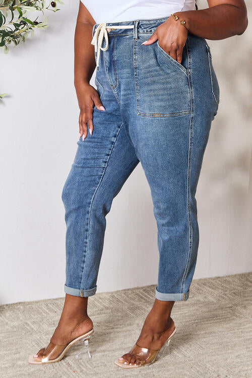 Side View, Plus Size, Judy Blue, High Waist Medium Wash Drawstring Double Cuffed Jogger Style 88779