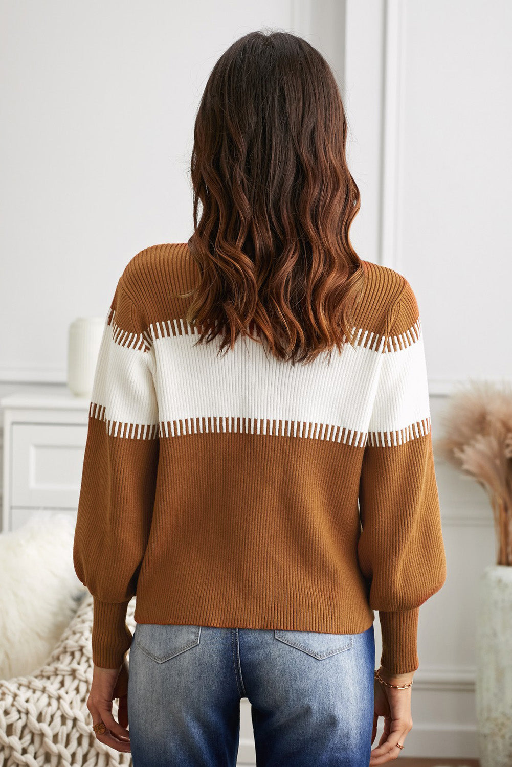 Back VIew, Brown Color Block High Neck Lantern Sleeve Pullover Sweater