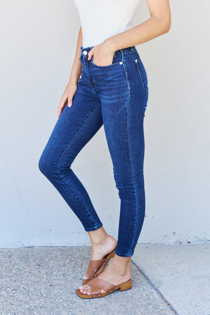 Side View, Judy Blue Mid Rise Classic Crinkle Ankle Detail Skinny Jeans 82505