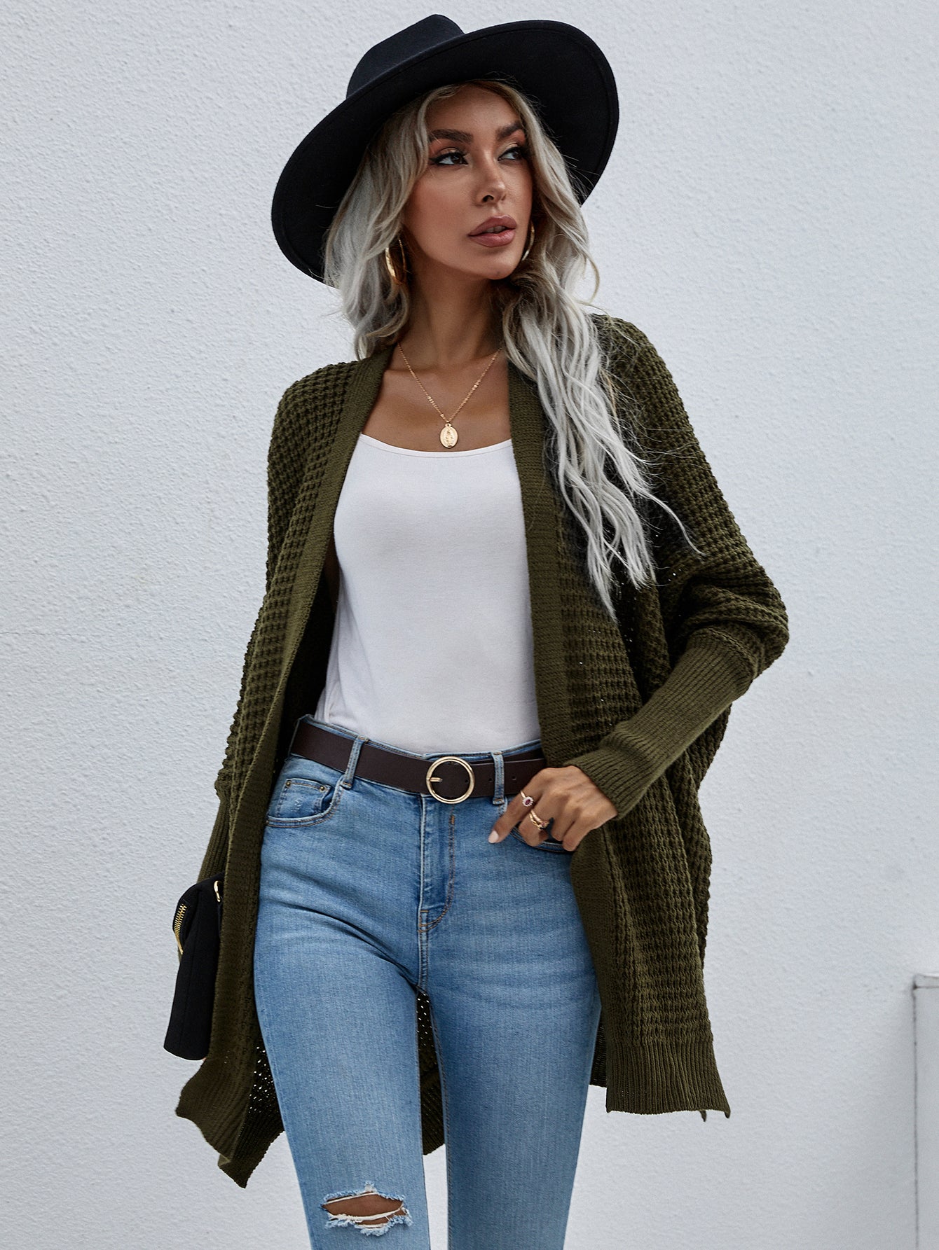 Waffle Knit Open Front Cardigan In Dark Green