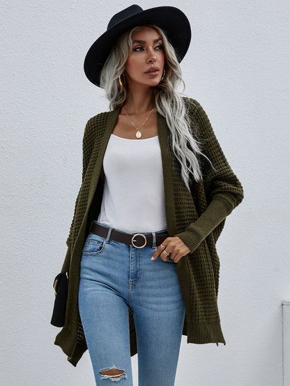 Waffle Knit Open Front Cardigan In Dark Green