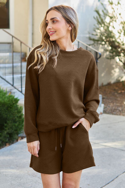 Double Take, Textured Long Sleeve Top and Drawstring Shorts Set In Chestnut