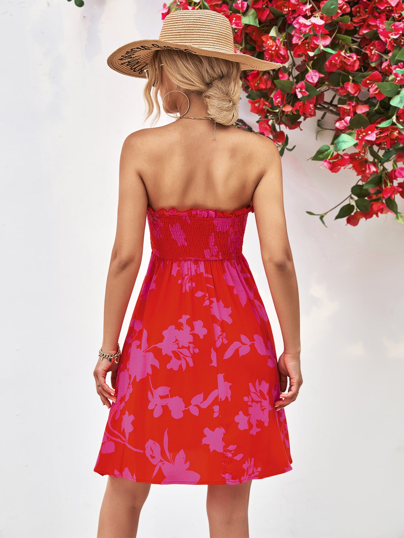 Back View, Floral Frill Trim Strapless Smocked Dress In Deep Red