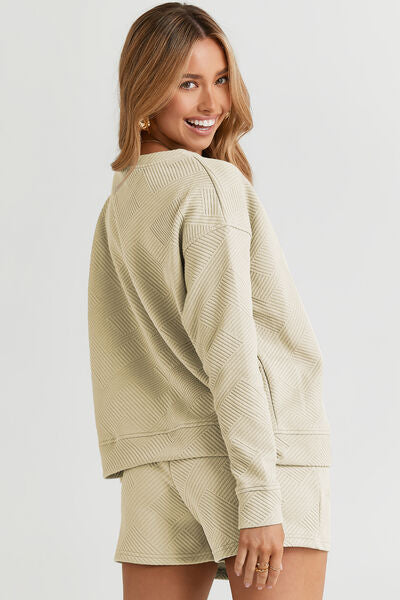 Side VIew, Double Take, Textured Long Sleeve Top and Drawstring Shorts Set In Tan