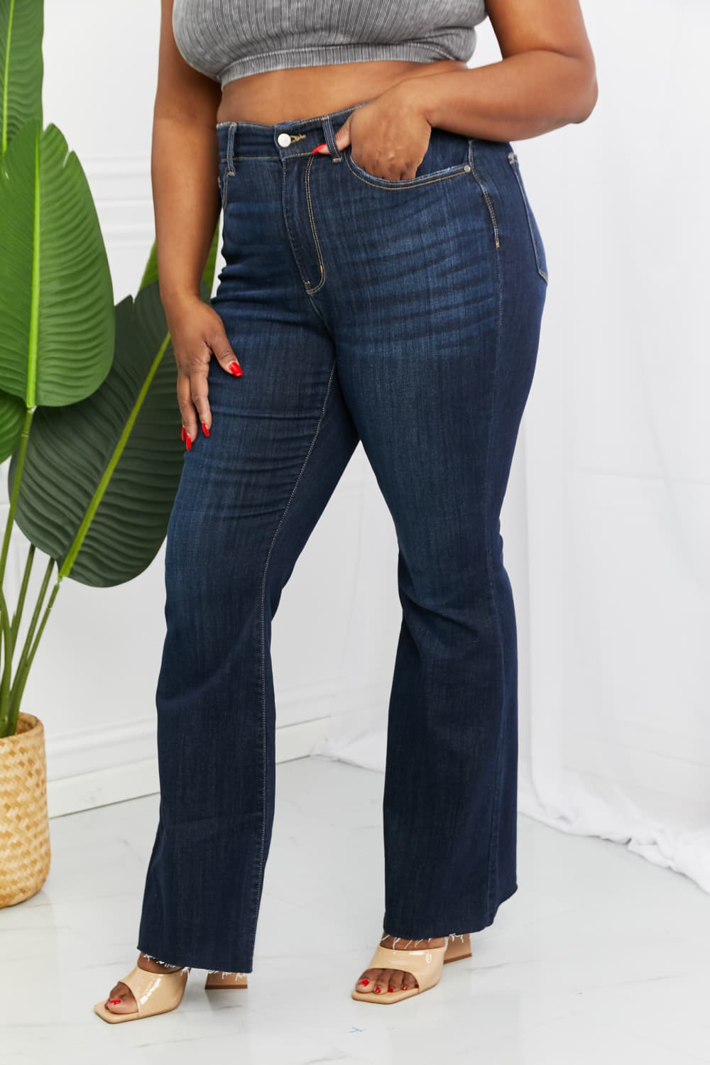 Side View, Plus Size, Judy Blue, High Waisted Raw Hem Tall Flare Jeans Style 82343