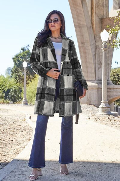 Double Take, Plaid Button Up Lapel Collar Coat In Black