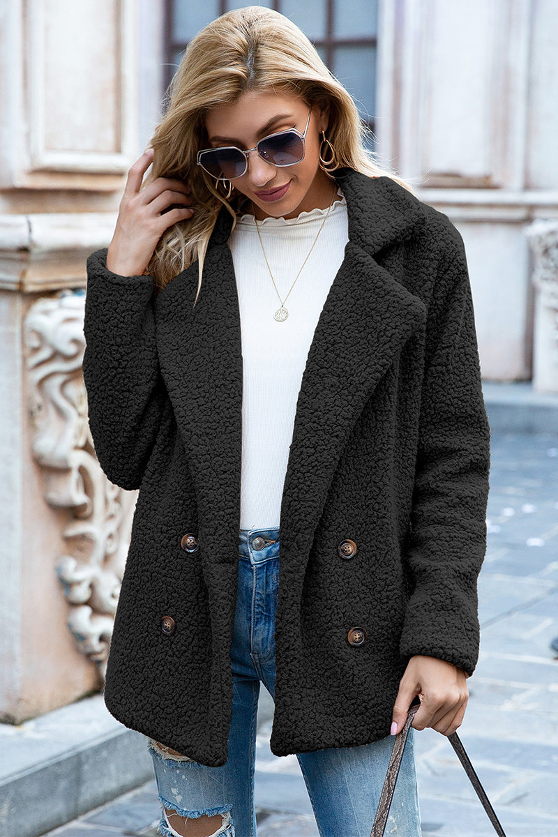 Lapel Collar Sherpa Coat In Black