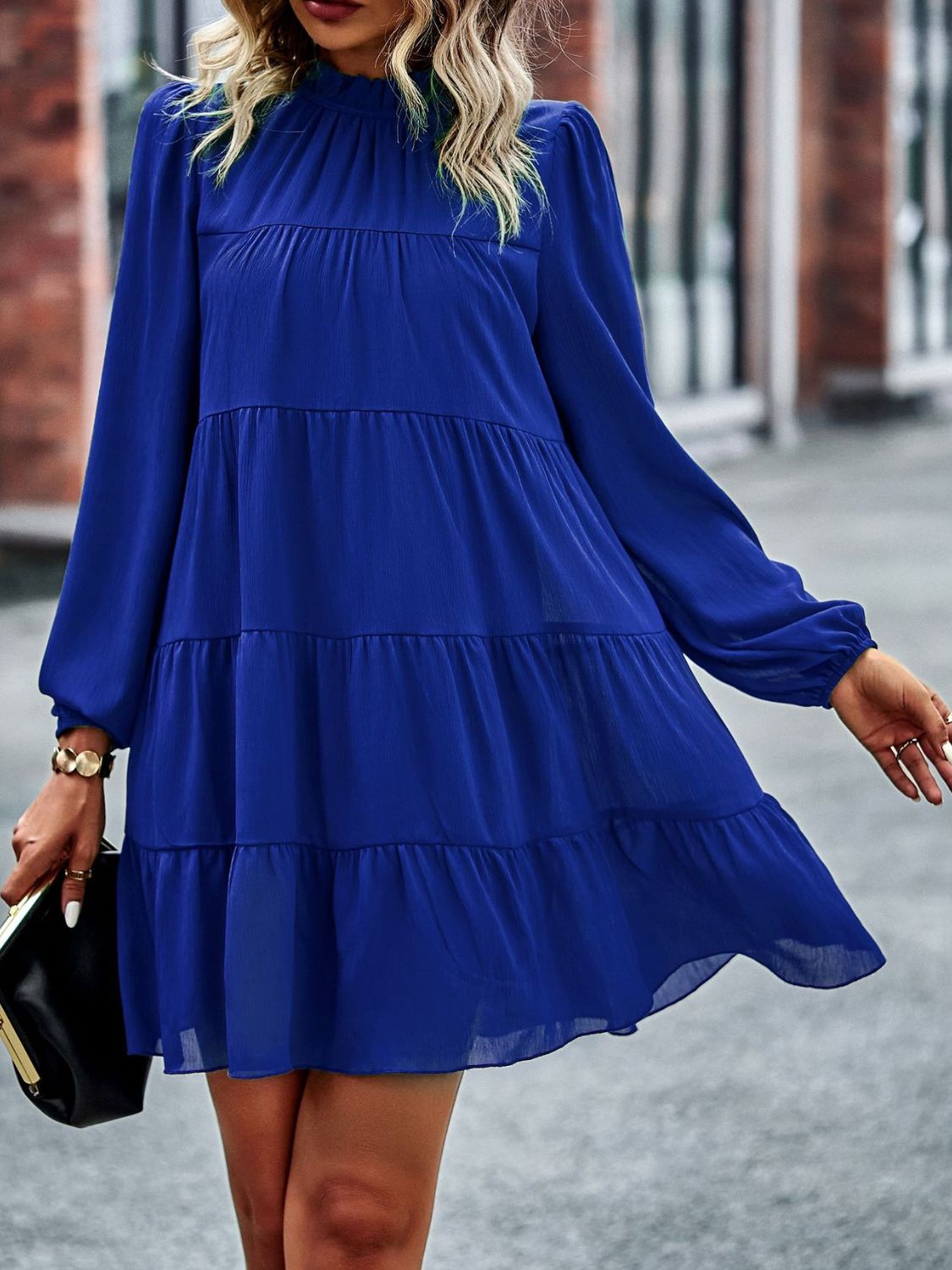 Frill Neck Puff Sleeve Tiered Dress In Blue
