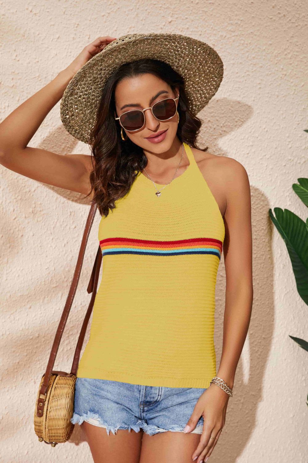 Rainbow Stripe Halter Neck Knit Tank In Yellow