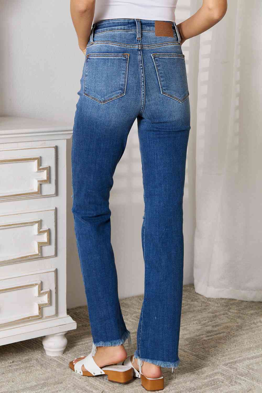 Back View, Judy Blue ,High Waist Knee Destroy & Fray Hem Straight Jeans Style 82513