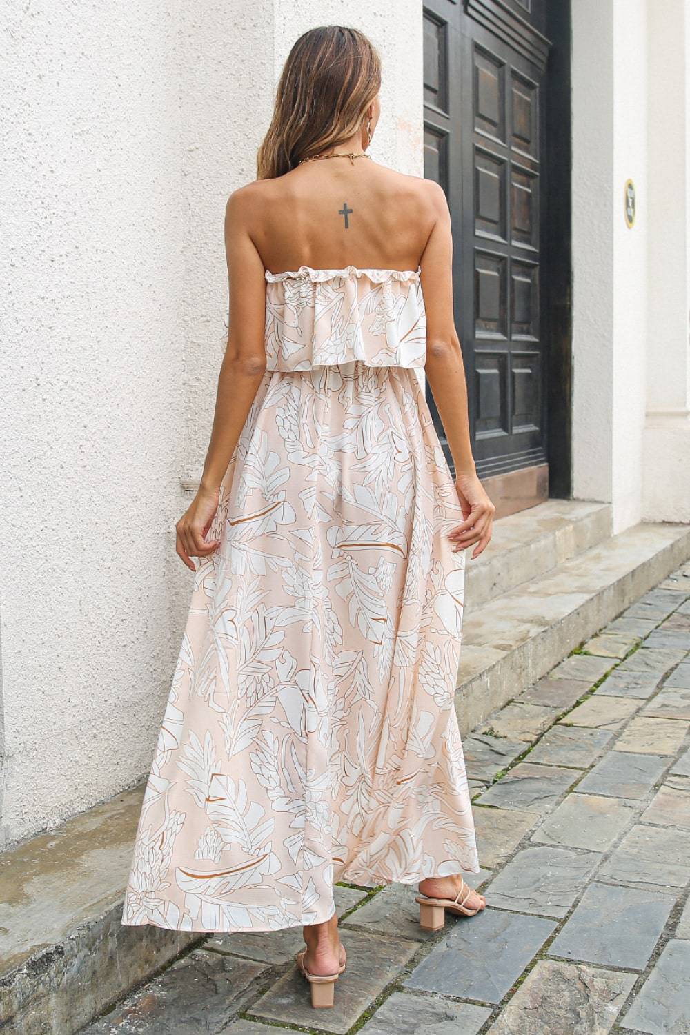 Back View, Apricot Printed Frill Trim Layered Strapless Maxi Dress
