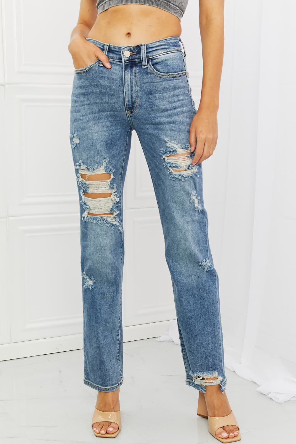 Judy Blue, Mid-Rise Heavy Destroy Straight Jeans