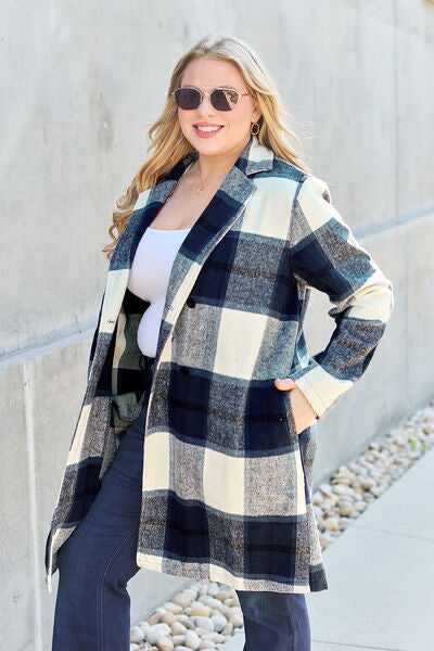 Plus Size, Double Take, Plaid Button Up Lapel Collar Coat In Peacock Blue