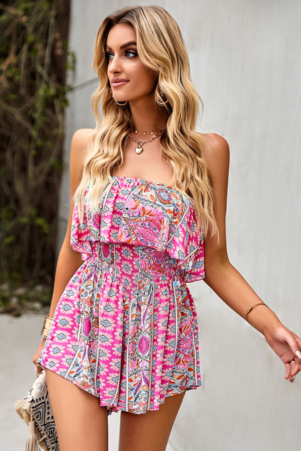 Smocked Waist Strapless Romper In Rouge Pink