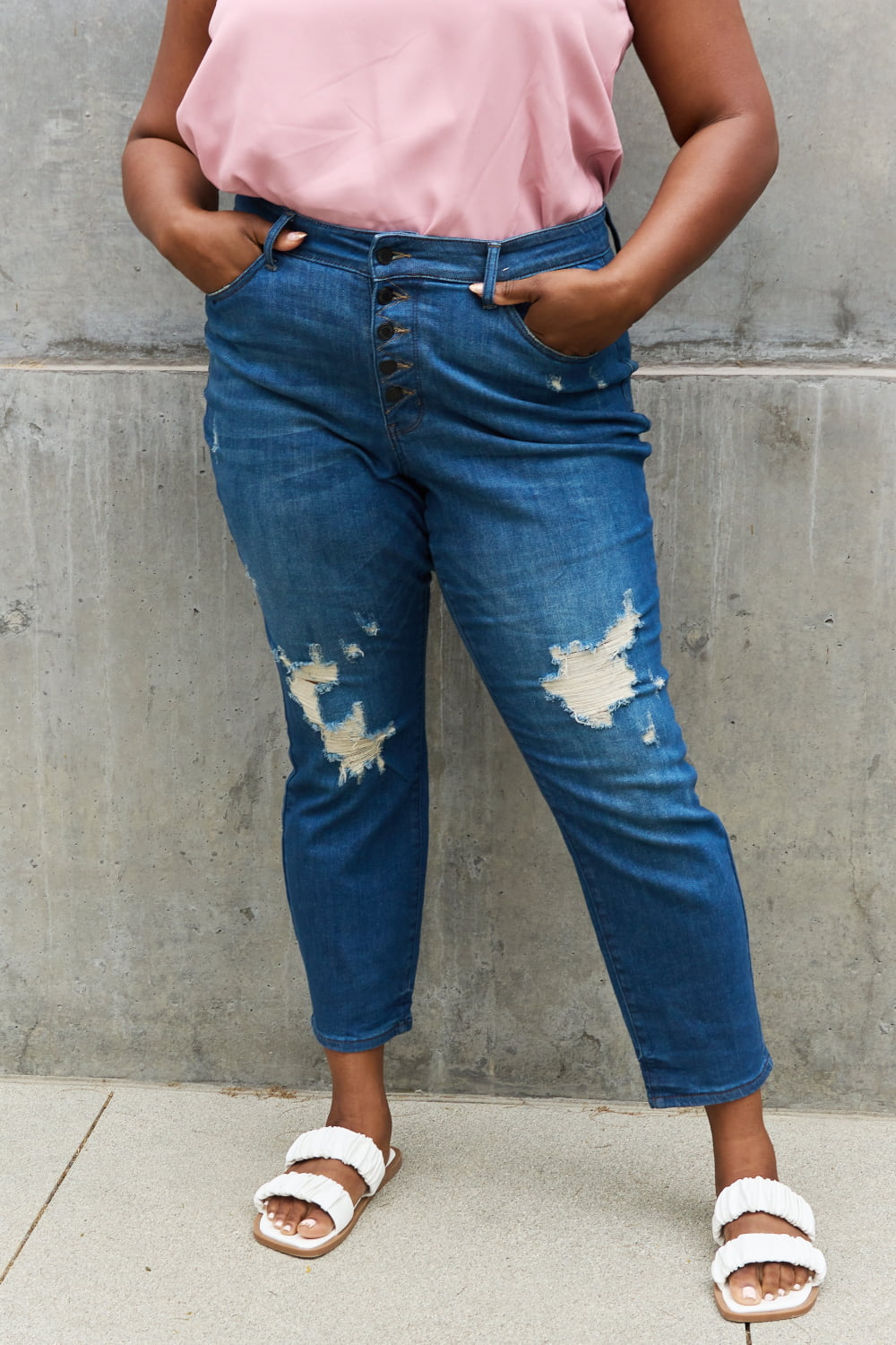 Plus Size, Judy Blue, High Waist Zigzag and Button Fly Destroyed Boyfriend Jeans Style 88526