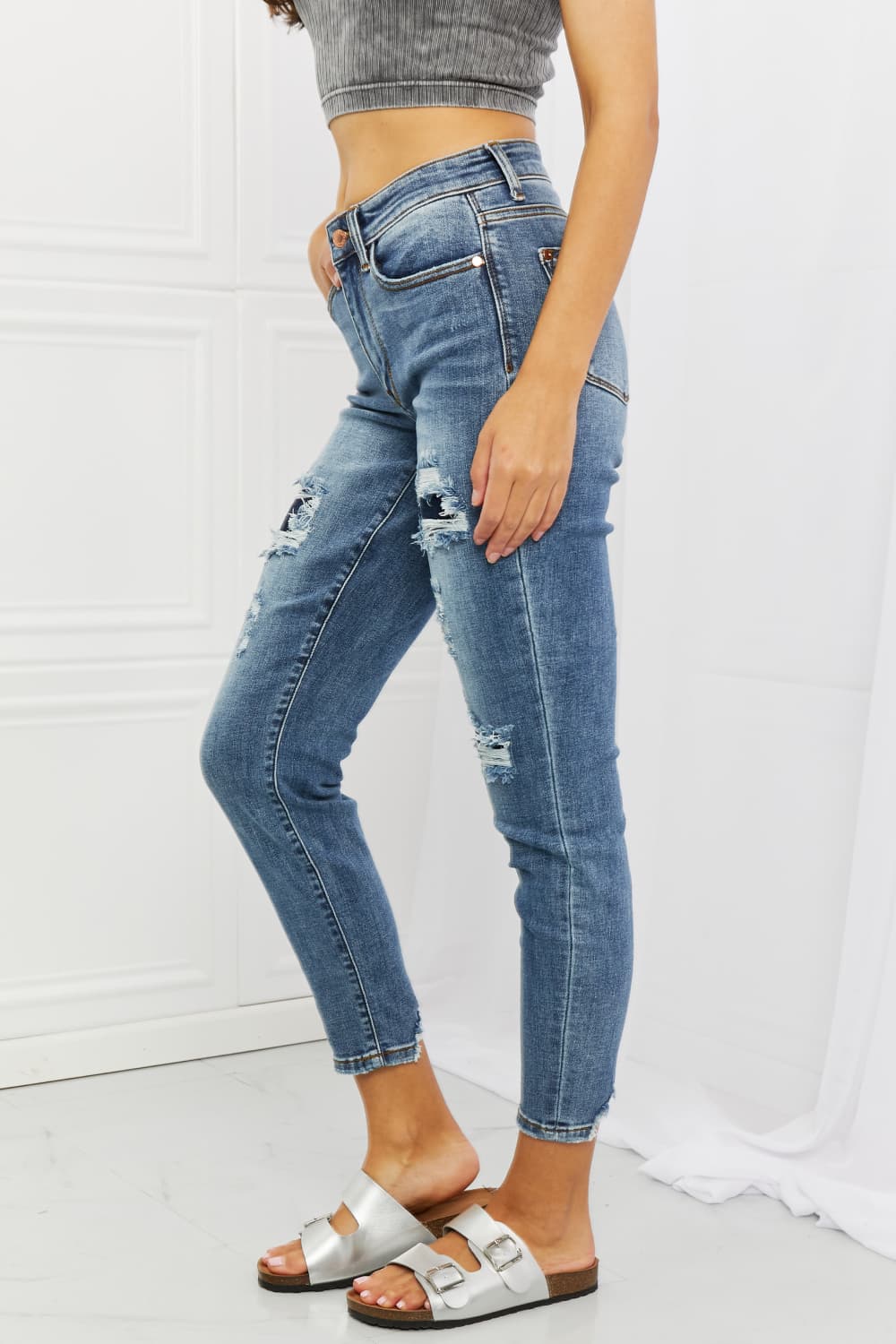 Side View, Judy Blue, Mid Rise Navy Blue Patched Destroy Relaxed Jeans