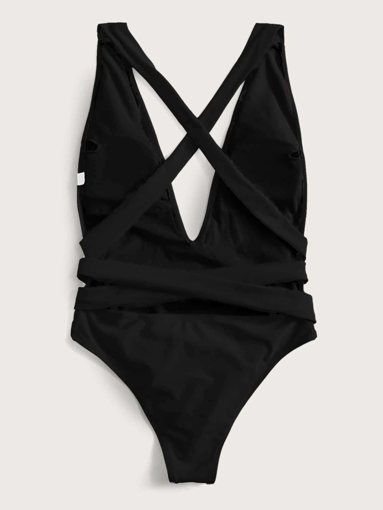 Back View, Halter Neck Deep V Tied One-Piece Swimsuit In Black