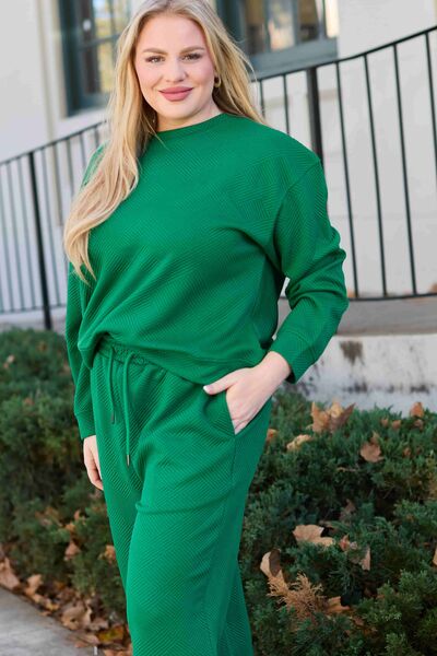 Close-Up, Plus Size, Double Take, Textured Long Sleeve Top and Drawstring Pants Set In Mid Green