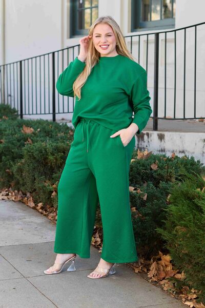 Plus Size, Double Take, Textured Long Sleeve Top and Drawstring Pants Set In Mid Green